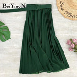 2020 Autumn Summer Women Skirt Midi With Belt Pleated Female Skirts Casual Luxury Korean Faldas Ladies Saias Chic