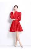 Elegant Bubble Sleeve Lace Splicing Mesh Dress Women's Court Collar Lantern Sleeve A-Word
