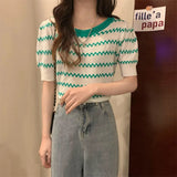 Ice Silk Striped Knitted Short-Sleeved T-Shirt For Women's 2025 Summer New High-Waisted Loose Bubble Sleeve Short
