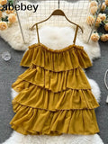 Spaghetti Strap Woman Dress Summer Solid Ruffles Off Shoulder Sundress Elegant Chiffon A-Line Beach Boho Dresses