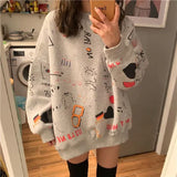 Neck Women Pullover Streetwear Spring Korean Fashion Cartoons Printing Loose Full Sleeve Tops for Girl Harajuku