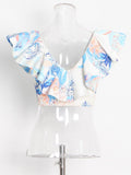 Summer Print Two Piece Set Womens V Neck Butterfly Sleeve Tops High Waist Mini Skirt Colorblock Sets Female