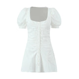Sexy White Square Collar Low Chest Corset Style Mini Dress Short Puff Sleeve Women Ruched Pleated Front Center Buttons Robe-Outfit