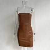 Off Shoulder Strapless PU Leather Mini Dress Elegant Fashion Outfits Night Club Party Bodycon Dresses