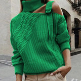 Off Shoulder Knitted Sweater Adjustable Buckle Twist Decor Long Sleeve One Turtleneck Pullover Sweater Female