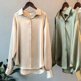 Vintage Fashion Button Up Satin Shirt Silk Korean Office Ladies Elegant Shirt Blouse White Long Sleeve Shirts Tops