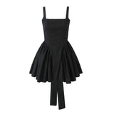 Sexy Slash Collar Tie Bow Sashes Backless Dress Woman Slim Waist Stitching Ruched Swing Ball Gown Mini Tank Robe Black-Outfit