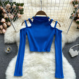 Women Korean Knitted Blouse Design Hollow Off Shoulder Long Sleeve Slim Tops Autumn Fashion Streetwear Short
