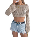 And Summer Solid Color Hollow Horn Sleeve Leisure Loose Knitted Shirt Holiday Umbilly Tops Women's