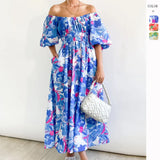 Women's Hot Dress 2026 Summer Temperament Square Collar Print Bubble Sleeve Long Dress