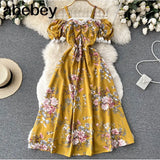 Women Casual Summer Female Fashion Strap Dress Slash Neck Korean Floral Sundress Ladies Lace Party Beach Long
