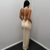 Elegant Bandage Spaghetti Strap Ruched Maxi Dress for Women Party Club Vestido Sexy Backless Draped Dresses
