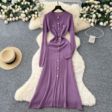Small Fragrant High-Grade Metal Buckle Waist Dress Women 2025 Autumn Thin Temperament Hollow Knitted Long