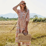 Neck Bohemain Long Dress Summer 2021 High Waist 100% Cotton Dresses Floral Print Chic French Dress for Women Robe