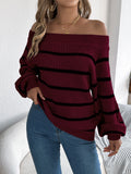 Shooting 2025 Autumn And Winter Casual Striped Out-The-Shoulder Lantern Sleeve Head Sweater Women's