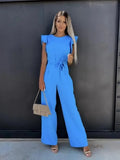 Women's Jumpsuits Casual O-neck Ruffles Belt Ladies Wide Leg Playsuits Elegant Rose Red Overalls Monos Verano 2023