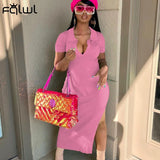 Streetwear Fashion Short Sleeve Dresses For Women 2022 V Neck Long Bodycon Dress Women Blue Maxi Side Split Party