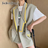 Casual Two Piece Set For Women Lapel Sleeveless Hit Color Vests High Waist Korean Shorts Loose Sets Female 2021