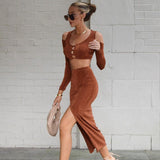 Y2K Split Maxi Skirts Women solid 2 Pieces Set Long Sleeves Off Shoulder buttons Cardigan crop top sexy Hollow out slim