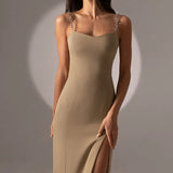 Niche 22 Summer New Solid Color Temperament Open Forked Bag Hips U-Neck Chain Sling Dress