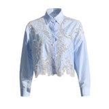Toloer Stripe Retro See-Out Top Embroidery 2024 Autumn New Shirt Lace Female Short Style Advanced Sense-Outfit
