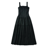 Ruched Chest Corset Style Sling Dress Low Waist Spliced Folded Swing Long Midi Women Elastic Strap Sleeveless Robe White-Outfit