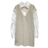 Clothing Striped Patchwork Midi Shirt Fake Two Pieces Spring Autumn Commute Turn-down Collar Casual Straight Loose Blouse-Outfit