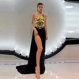 Hot Leather Shoulder Sleeveless Sexy Open-Fork With Dress Suit Drag