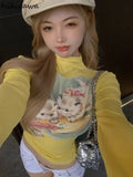 Tshirts Crop Tops Print Long Sleeve Tunic Tees Half High Collar Casual Chic Y2k T Shirt 2023 Ropa Mujer Shirts for Women-Outfit