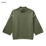 Sweater Autumn Round Neck Pullovers Sweater Warm Knitted Chic Contrast Color Splicing Thread Sweater Jumpers Tops-Outfit