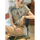 Improved Cheongsam Version High-Density Partial Cardigan Buckle Imitation Mulberry Silk Printed Blouse Women's Summer 2023 New Style-Outfit