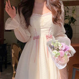 Princess Elegant Dress Women Korean High Waist Kawaii Fairy Dress Japanese Puff Sleeve Party Outing Casual Sweet