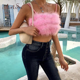 Cute Pink Fur Crop Top Women Party Club Wear Summer Camis Short Sleeveless Backless Tops Festival Clothes New