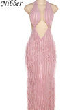 Concise Elegant Halter Maxi Dress Women Solid Sexy Deep V-neck Backless Skinny Robe Ruched Evening Dresses Lady Vestido-Outfit