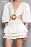 White Hollow Out Sexy Dress For Women V Neck Lantern Half Sleeve High Waist Pleated Dresses Female Summer 2023 New