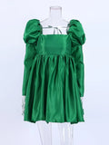 Puff Sleeves Woman Party Dress Evening Chic Square Collar Ball Gown Dress Short Beige Satin Dresses Pleated