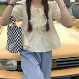 Style Blouse for Women Sweet Puff Sleeve Summer Loose Shirts Crop Tops Bandage Chic Blouses 2023 Blusas Mujer De Moda-Outfit