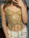 Y2K Lace Bandage Corset Top Patchwork See Through Floral Crop Top Backless Sexy Mini Vest Women Party Beach Tee