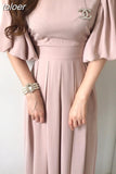 Solid Casual Chic Elegant Dress for Women High Waist O-Neck Straps Short Lantern Sleeves Pleated Midi Dresses Summer