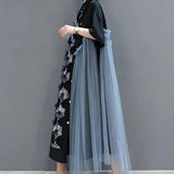 Fashion Applique Dresses Korean Gauze Spliced Asymmetrical Summer Shirring Vintage Single-breasted Polo-Neck Midi Dress-Outfit
