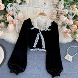 Sexy Halter Lace Patchwork Short Blouse For Women Casual Puff Sleeve Velvet Shirt Female Black Tops New Fashion Autumn