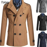 Men Long Sleeve Lapel Collar Double-breasted Pockets Woolen Slim Trench Coat collar coats Long cotton trench coat