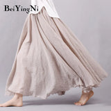 Linen Cotton Vintage Skirt Women Solid Beach Boho Pleated Maxi Skirts Summer Fashion Retro Elastic Waist Saia