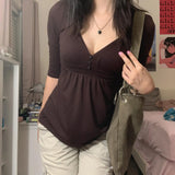 Vintage Brown V Neck Short Sleeve Tee-Outfit
