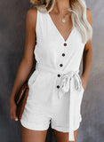 Color Jumpsuit Women's Summer Cotton Blend Casual V-neck Bow