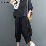 Summer New Womens Suit Printing Fashion Suit Cotton Casual Short-sleeved Shirt Loose Wide-leg Pants Two Piece Set