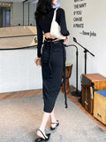 Solid Two Piece Set Womens V Neck Long Sleeve Tops High Waist Midi Skirts Solid Slim Sets Female Clothes Spring