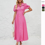 Women's Summer Casual Short-Sleeved Buckle Waist Solid Cotton Ultra-Long Shirt