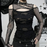 Autumn New Personality Women's Wear Dark Wind Hot Girl Sexy Slim Grid Hole Long-Sleeved Top Girl-Outfit