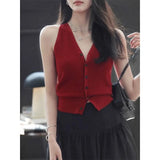 Women's V-Neck Button Solid Color Sleeveless Cardigan Sweater Knitted Tanks Camis Casual Clothing Standard Commute Tops-Outfit